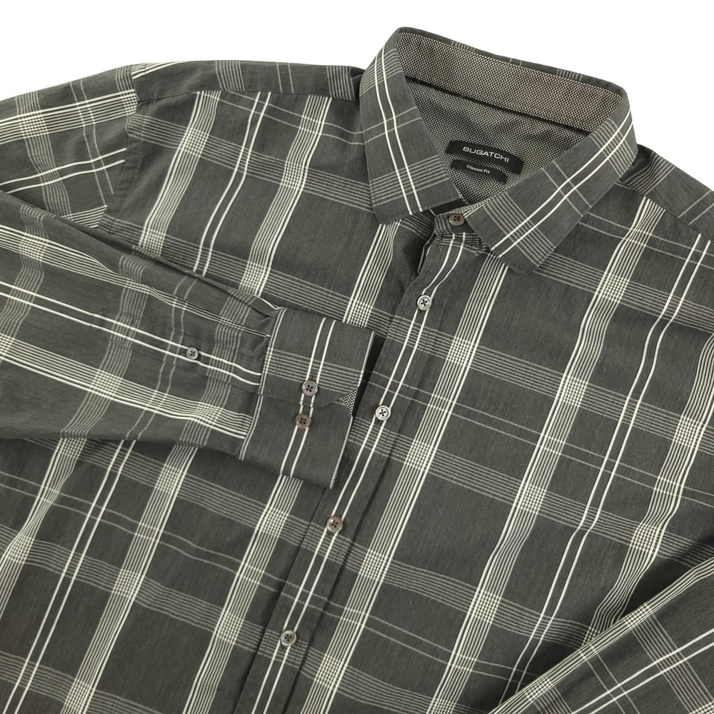 Bugatchi Shirt Mens 2XL Gray Plaid Long Sleeve Button Up Classic Fit Casual